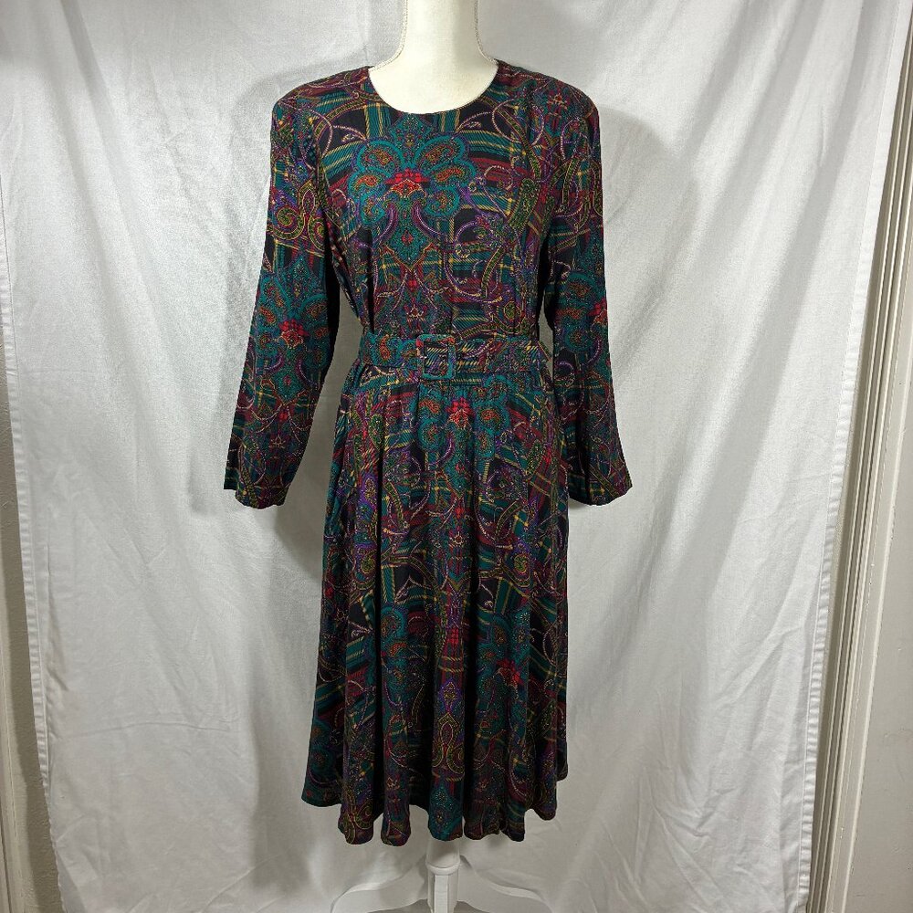 Bedford Fair Vintage Paisley Plaid Print Rayon Midi Dress with Belt Multi-Color